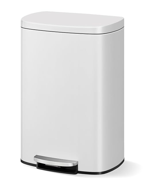 Garvee 13 gal / 50 L Metal Kitchen Trash Can with Lid, Large Rustproof Garbage Can for Kitchen, Step-on Trash Bin with Inner Bucket, Rear Handle, Soft Close Lid, White by Garvee