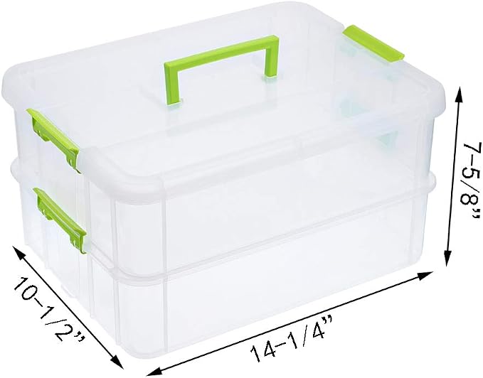 JUXYES 2-Tiers Stack Carry Storage Box With Handle, Transparent Stackable Storage Bin With Handle Lid Latching Storage Container for School & Office Supplies (Green) - Image 2