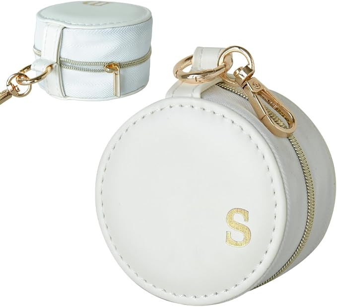 COLLECTIVE HOME - Monogrammed Letter Jewelry Case, Portable Travel Ring Holder Box with Keychain, Personalized Initial Organizer for Earrings Necklaces, Gift for Her (White-s) by COLLECTIVEHOME
