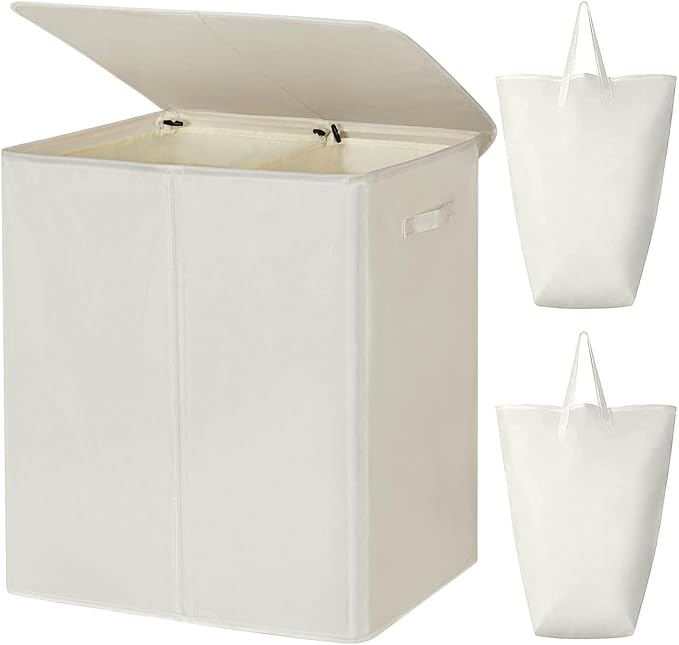 WOWLIVE 180L Double Laundry Hamper with Lid and Removable Laundry Bags, Large Dirty Clothes Hamper 2 section Collapsible Laundry Basket Dorm Room Storage for Bedroom, Bathroom, College,Beige by WOWLIVE
