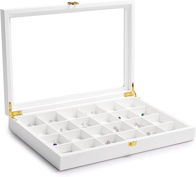 Oirlv Premium Blue Leather 24 Grid Jewelry Tray with Transparent Lid Earrings Rings Organizer Box Stackable Jewelry Box Drawer Inserts Women Gift - Image 2