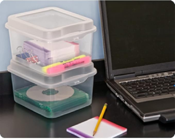 Sterilite FlipTop, Stackable Small Storage Bin with Hinging Lid, Plastic Container to Organize Desk at Home, Classroom, Office, Clear, 1-Pack - Image 4