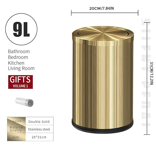 9L/2.4Gal Gold Trash Can,Brass Bathroom Garbae Can with Flipping Lid,Small Brass Garbage Can for Office, Laundry Room,Bedroom,Hotel - Image 8