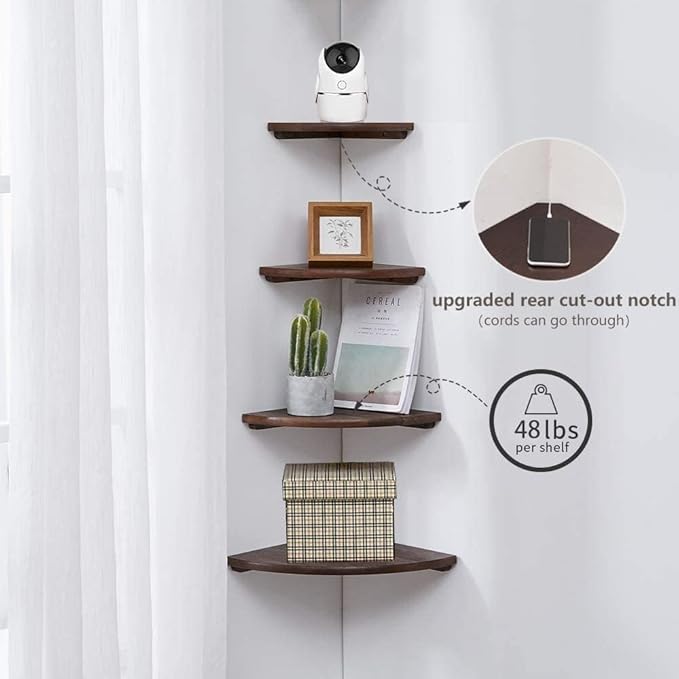 Corner Shelf, Solid Oak Wood Floating Corner Shelf Wall Mount Round End Floating Speaker with Wire Hole for Small Plant Photo for Bedroom Kitchen, Living Room Walnut - Image 4