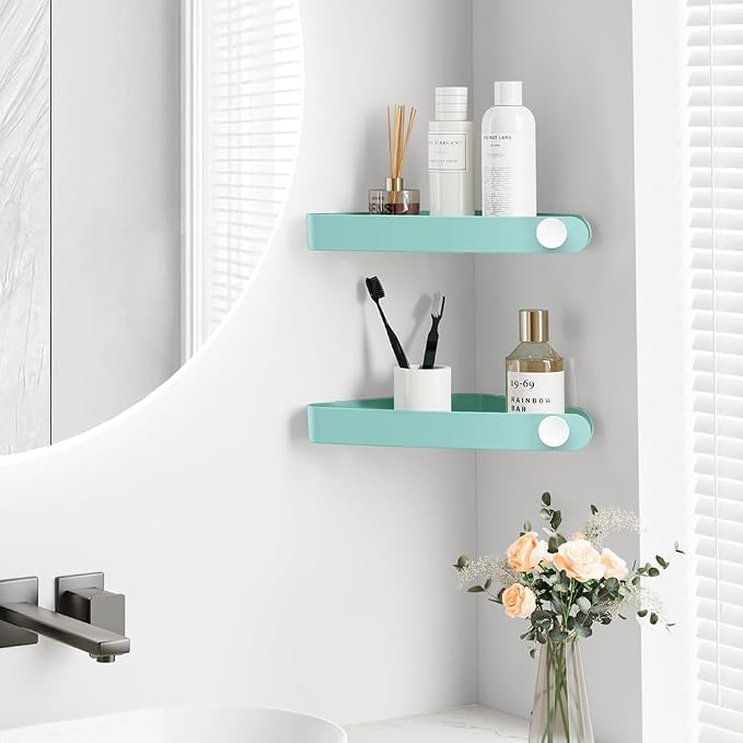 Sotfamily Plastic Shower Caddy Corner (For 90° Only), 2 Pack Adhesive Corner Shower Shelves for Bathroom Organizers and Storage, Turquoise - Image 3