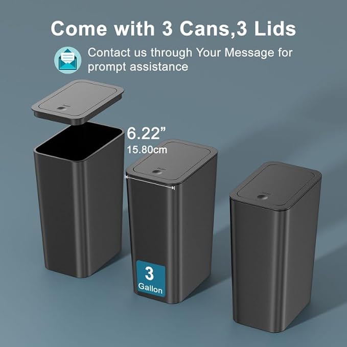 N. NETDOT 3 Pack 3 Gallon Small Trash Can with Lid, Bathroom Garbage Can with Pop-Up Lid, Waste Basket for Bathroom, Kitchen, Bedroom, Powder Room, Craft Room, Office, College (Black) - Image 7