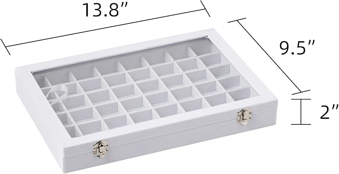 Frebeauty 40 Grid Jewelry Tray,Adjustable Earring Holder Organizer with Glass Lid,Velvet Drawer Jewelry Organizer for Rings,Studs,13.8 x 9.5 x 2 Inches Jewelry Display Box,Gift for Women(White) - Image 3