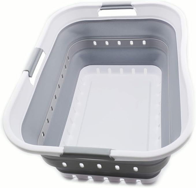 SAMMART 42L (11 gallon) Collapsible Plastic Laundry Basket - Foldable Pop Up Storage Container/Organizer - Space Saving Hamper/Basket (1, White/Grey) by SAMMART