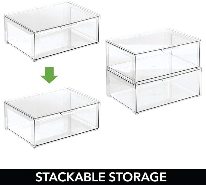 mDesign Plastic Stackable Closet Storage Organizer Bin Containers with Front Pull Drawer for Cabinet, Desk, Shelf, Cupboard, or Dresser Organization - Lumiere Collection - Clear - Image 3