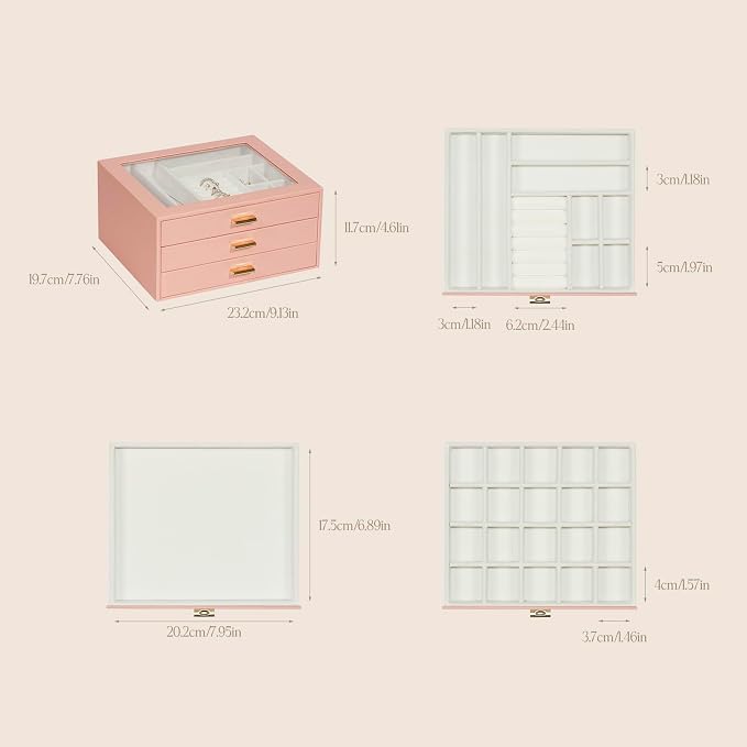 Jewelry Box Organizer with 3 Drawers,Glass Lid Jewelry Boxes for Women,Jewelry Storage for Rings,Necklaces,Earrings,Bracelets,Interesting Gift,Pink - Image 6