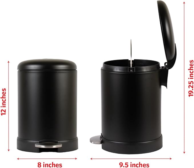 Glad Small Trash Can, 1.2 Gallon | Round Stainless Steel Garbage Bin with Soft Close Lid & Step Foot Pedal | Black Metal Waste Basket with Removable Inner Bucket, Matte Black - Image 2