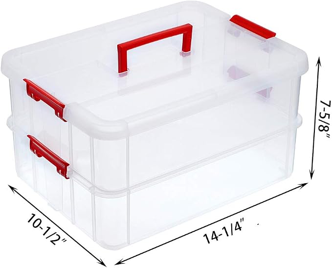 JUXYES 2-Tiers Stack Carry Storage Box With Handle, Transparent Stackable Storage Bin With Handle Lid Latching Storage Container for School & Office Supplies (Red) - Image 2