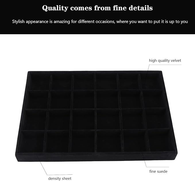 Large Velvet Jewelry Tray, Drawer Organizer for Jewelry in Dresser, Stackable Jewelry Drawer Organizer Inserts for Earring Necklace Bracelet Rings(Black,24grid) - Image 3