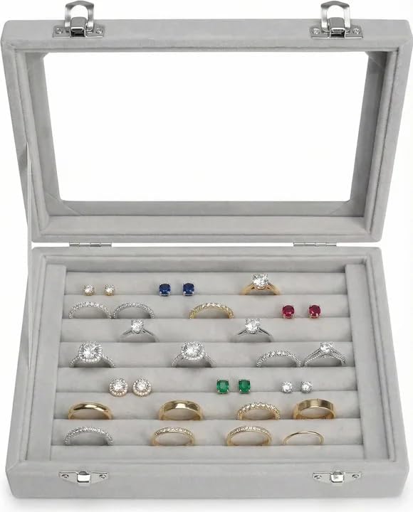 Jewelry Box Rings Organizer Tray 7 Slots Velvet Jewelry Earring Storage Box With Transparent Lid Jewelry Display Case for Girls Women (Gray) - Image 3