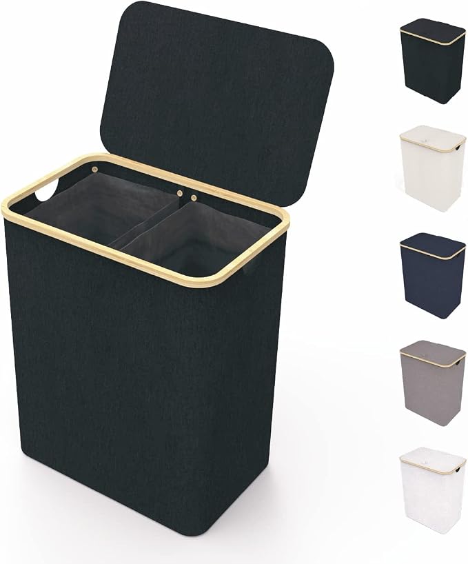 LONBET Laundry Basket with Lid, Made from Breathable Fabric | Aesthetic Clothes Hampers for Laundry with Side Handles & Sturdy Bamboo Frame (40 Gallons - Double, Black) by Lonbet