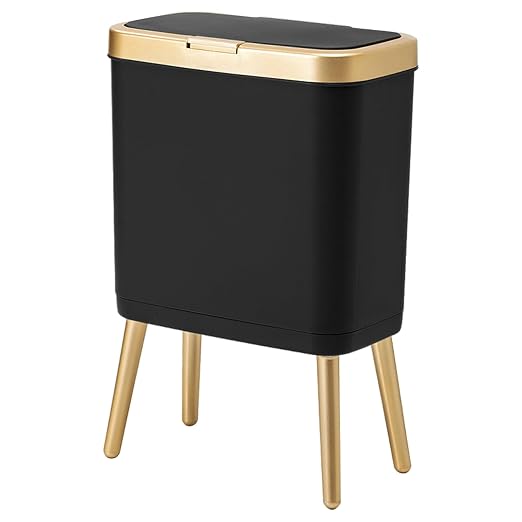 Procade Office Trash Can with Lid, Black Bathroom Trash Can with Gold Edge, Modern Narrow Garbage Can with Legs, Slim Plastic Trash Bin for Bedroom, Living Room,Kitchen,Toilet, 4 Gallon by MostPopularTrashCans
