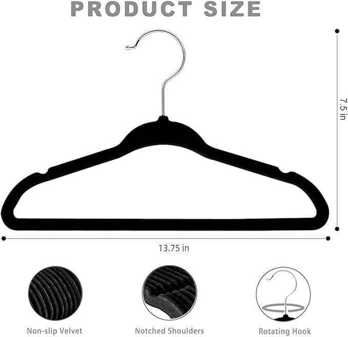 BAGAIL 50 Pack Kids Velvet Hangers 14 Inches Children's Clothes Hangers Non-Slip Baby Hangers for Infant/Toddler (Black) - Image 2