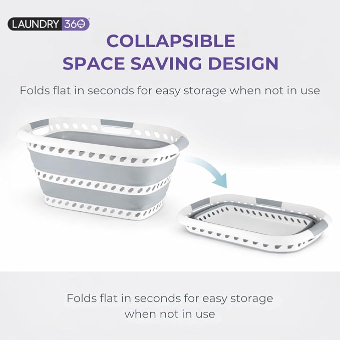 Laundry 360 Collapsible Laundry Basket 40L | Portable | Space Saver Storage | Hold 2 Loads | Store Under the Bed or Closet | Good for Kids | Dorm | Bedroom | Large | White/Grey - Image 2
