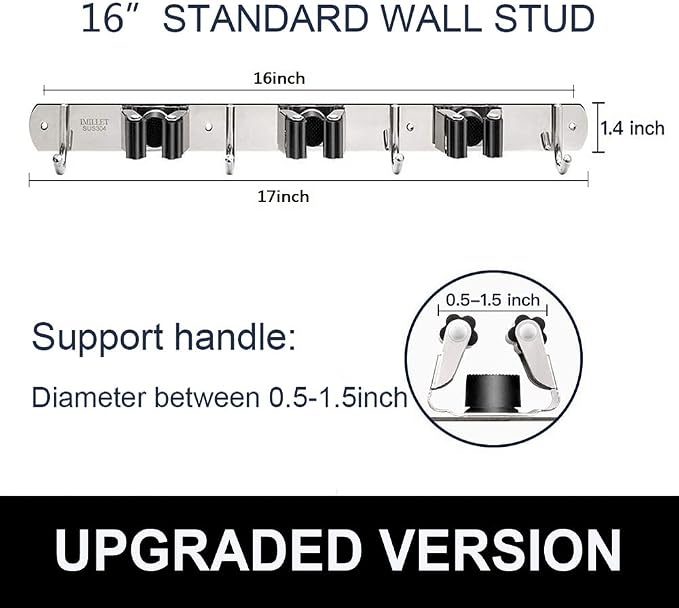 IMILLET Broom and Mop Holder Wall Mounted, Stainless Steel Broom Holder Mop Holder Self Adhesive Heavy Duty Hooks Storage Organizer for Home Laundry Room Garden Garage（3 Racks with 4 Hooks） - Image 4
