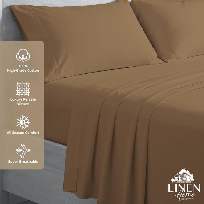 Linen Home 100% Cotton Percale Sheets Full Size, Earthy Brown, Deep Pocket, 4 Pieces Set - 1 Flat, 1 Deep Pocket Fitted Sheet and 2 Pillowcases, Crisp Cool and Strong Bed Linen