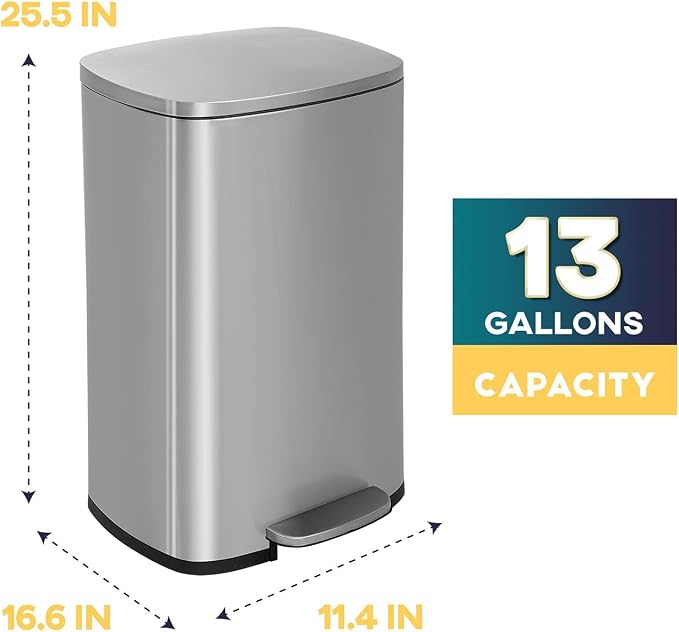 13 Gallon/50 L Garbage Can Kitchen Trash Can with Lid for Office Bedroom Bathroom Step Trash Bin Fingerprint-Proof Brushed Stainless Steel 13 Gallon / 50 Liter - Image 8