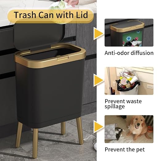 Procade Office Trash Can with Lid, Black Bathroom Trash Can with Gold Edge, Modern Narrow Garbage Can with Legs, Slim Plastic Trash Bin for Bedroom, Living Room,Kitchen,Toilet, 4 Gallon - Image 2