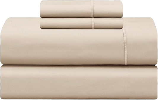Feather & Stitch 500 TC Full Size 4pc Damask Bed Sheet Set, 100% Soft Cotton Breathable Bedsheets, 18" Deep Pockets Sateen Weave Solid Bedding Mattress Resort Hotel Luxury Decor - (Champagne Beige)