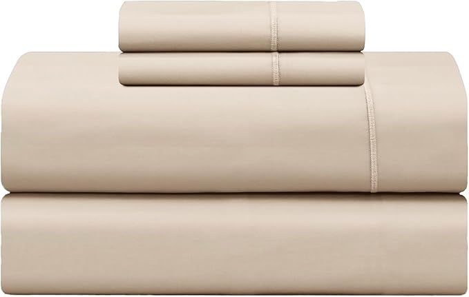 Feather & Stitch 500 TC Split King Size Sheet Set, 5 Piece Bed Sheets Set-2 Twin Fitted Sheet, 1 King Flat Sheet & 2 King Pillowcases, 18" Deep Pockets Sateen Weave Solid Bedsheet - Champagne Beige