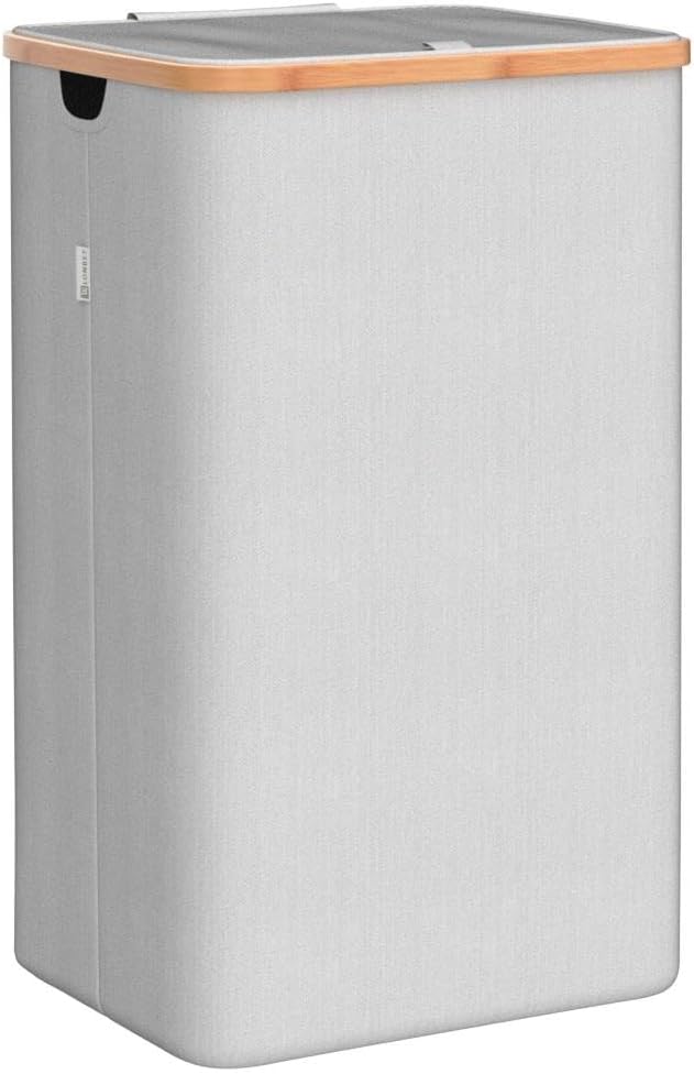 LONBET Laundry Basket with Lid, Made from Breathable Fabric | Aesthetic Clothes Hampers for Laundry with Side Handles & Sturdy Bamboo Frame (26 Gallons - Single, Light Gray) - Image 4