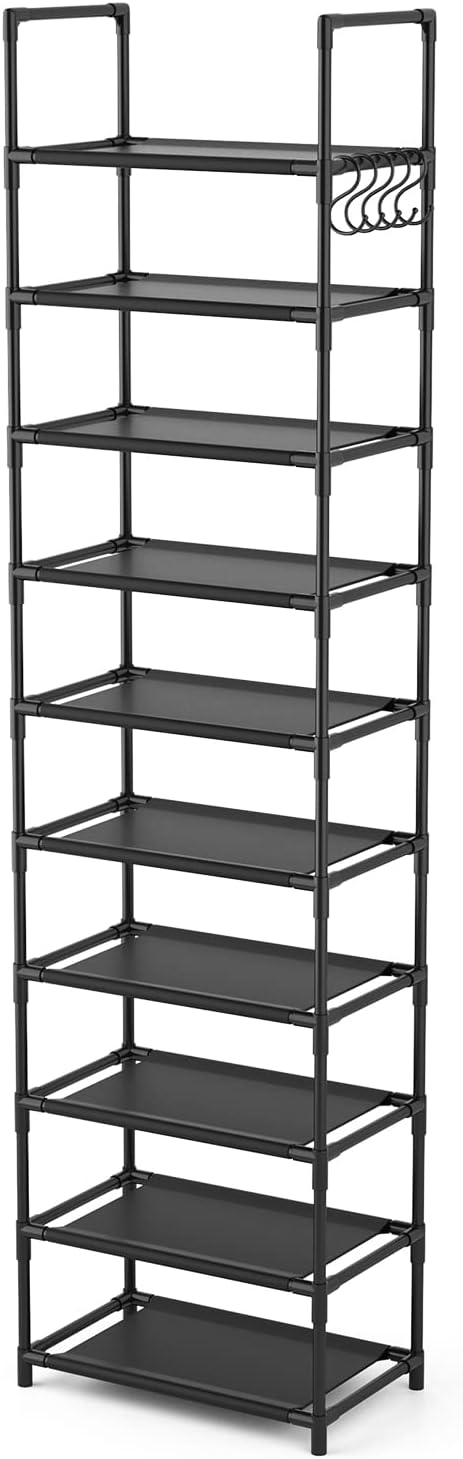 LANTEFUL 10 Tiers Tall Shoe Rack 20-25 Pairs Boots Organizer Storage Sturdy Narrow Shoe Shelf for Entryway, Closets with Hooks, Black - Image 8