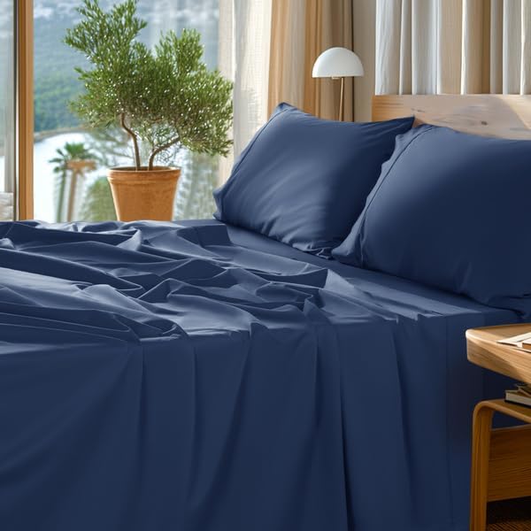 SONORO KATE 100% Egyptian Cotton Sheets Set - 1000 High Thread Count, Luxury 5-Star Hotel Sateen Bed Sheets, Soft, Breathable Long Staple Sheets, Fit up to 16" - 4 PC (Navy Blue,Queen)