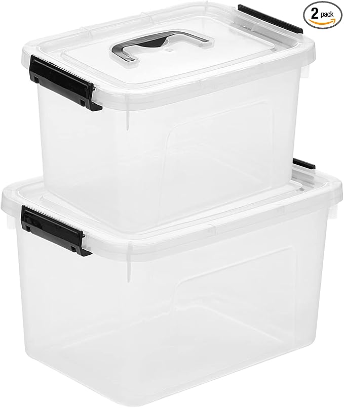 Clear Storage Latch Box/Bin, 2-Pack Plastic Organizing Container with Handle and Lids (7 QT/16QT) by JUJIAJIA