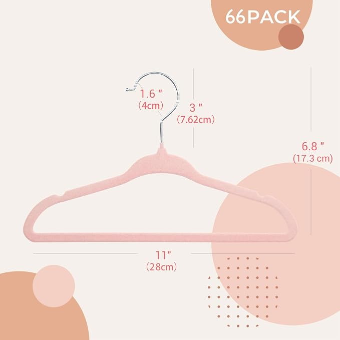 ManGotree 11" Baby Velvet Hangers, Non-Slip Kids Coat Hangers with 360° Swivel Hook, Ultra-Thin Felt Children's Hanger for Infant & Toddler Clothes, 66 Pack (Light Pink) - Image 3