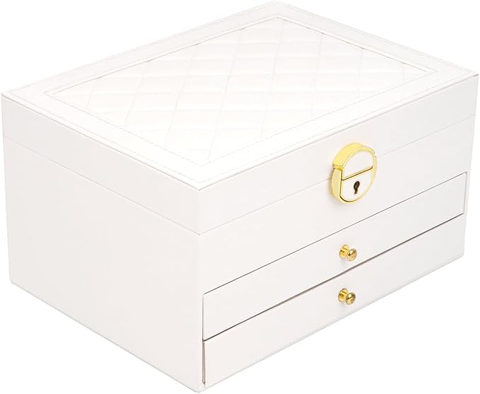 3 Layer Jewelry Box Organizer with Drawers, Lockable PU Leather Jewelry Storage Case for Mothrer's Day gifts Necklace Earring Ring Bracelet Watch, White by RQQM