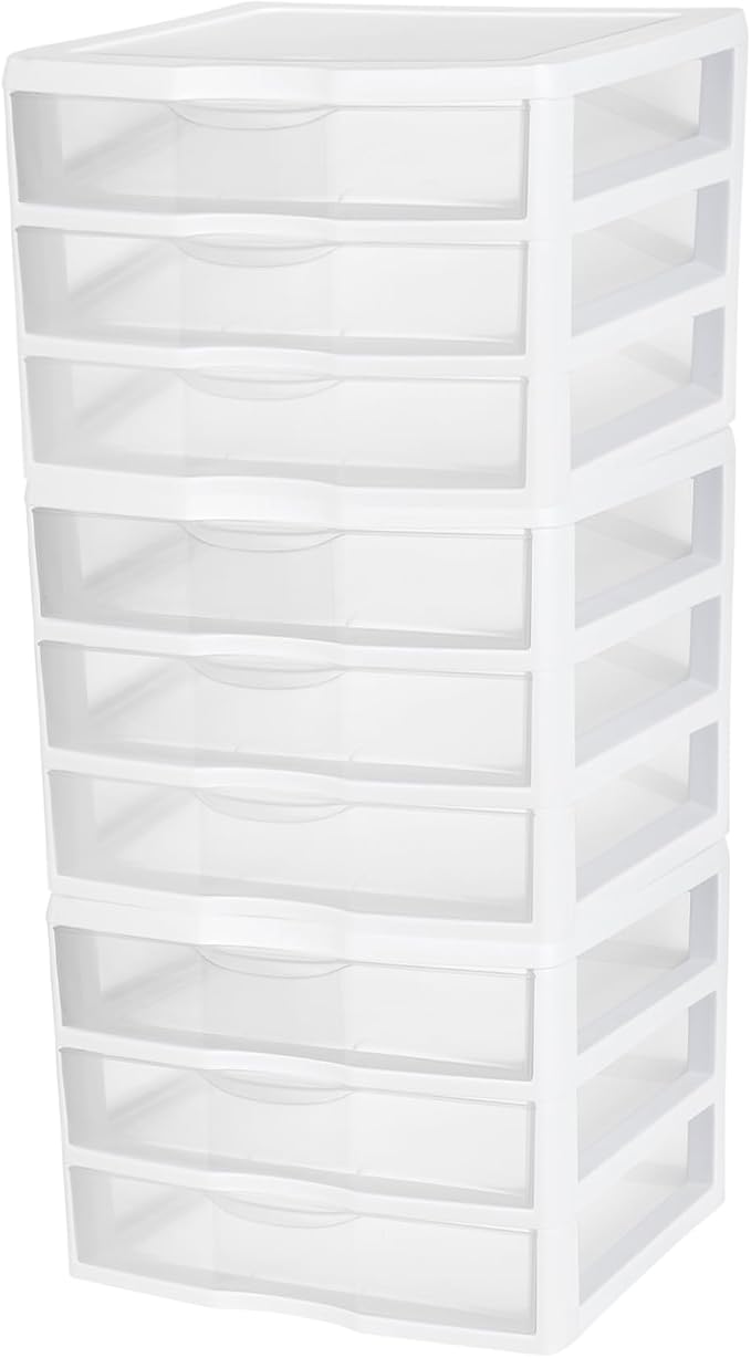 Sterilite 3-Pack Wide 3 Drawer Unit, Plastic Desktop Organizer with Clear Drawers, White Frame - Stackable Multi-Purpose Storage for Office Supplies, Craft Rooms, Classrooms and Home Organization by Sterilite