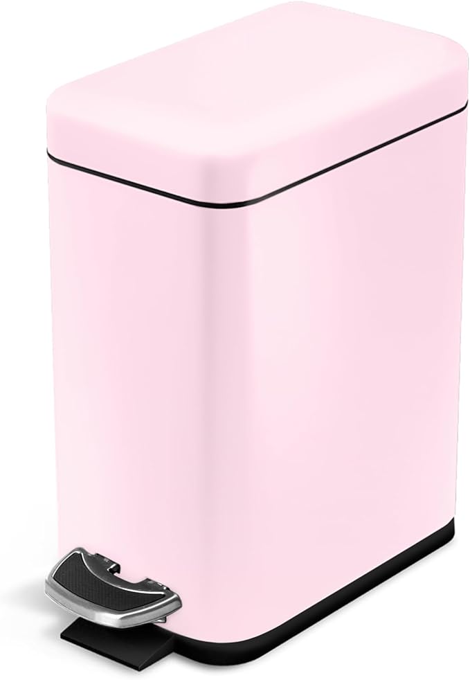 Home Zone Living 1.3 Gallon Small Bathroom Trash Can with Lid and Step Pedal, Stainless Steel Wastebasket with Slim Design for Home and Office, Matte Pink, 5 Liters by HomeZoneLiving