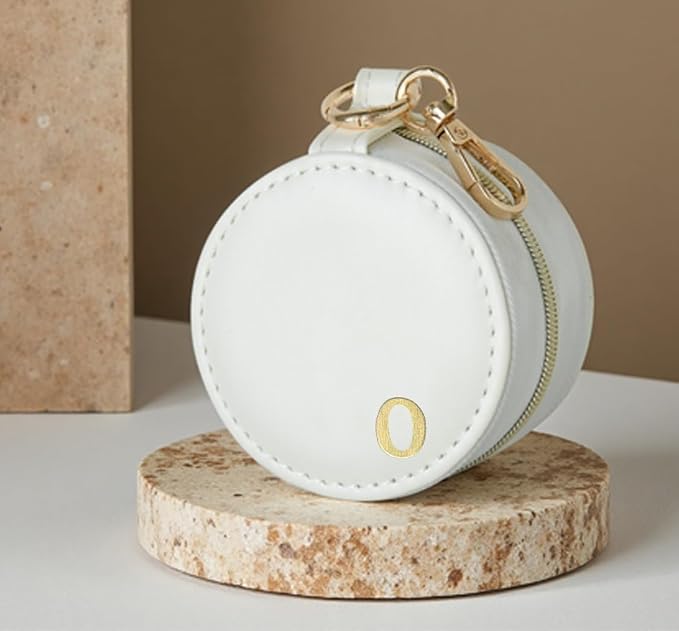 COLLECTIVE HOME - Monogrammed Letter Jewelry Case, Portable Travel Ring Holder Box with Keychain, Personalized Initial Organizer for Earrings Necklaces, Gift for Her (White-o) - Image 2