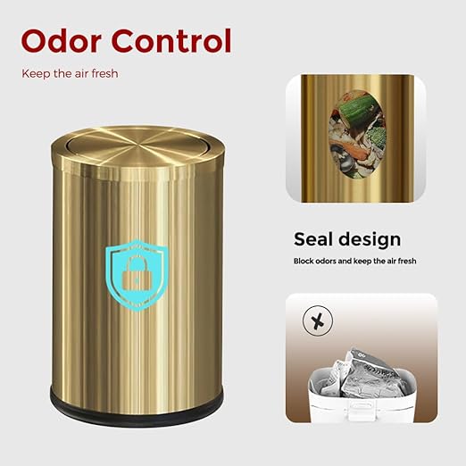 9L/2.4Gal Gold Trash Can,Brass Bathroom Garbae Can with Flipping Lid,Small Brass Garbage Can for Office, Laundry Room,Bedroom,Hotel - Image 4