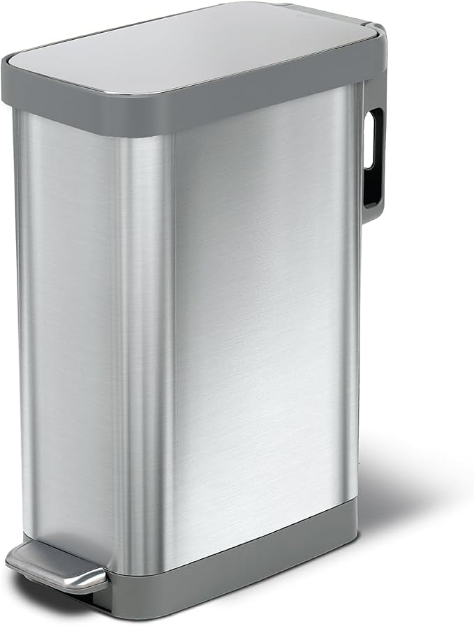 Glad Slim Trash Can with Clorox Odor Protection - Narrow Kitchen Garbage Bin with Soft Close Lid, Step On Foot Pedal and Waste Bag Roll Holder, All Stainless, 12 Gallon/45 Liter by GladTrashFoodStorage