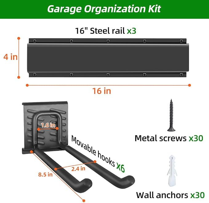 PIYILO Garage Organization, Garage Wall Organizer with 48 inches Rails and 6 Hooks, Tool Organizers Heavy Duty, Shovel Holder Wall Mount Max Load 360 LBS, Sturdy Garden Tool Rack for Folding Chairs - Image 5