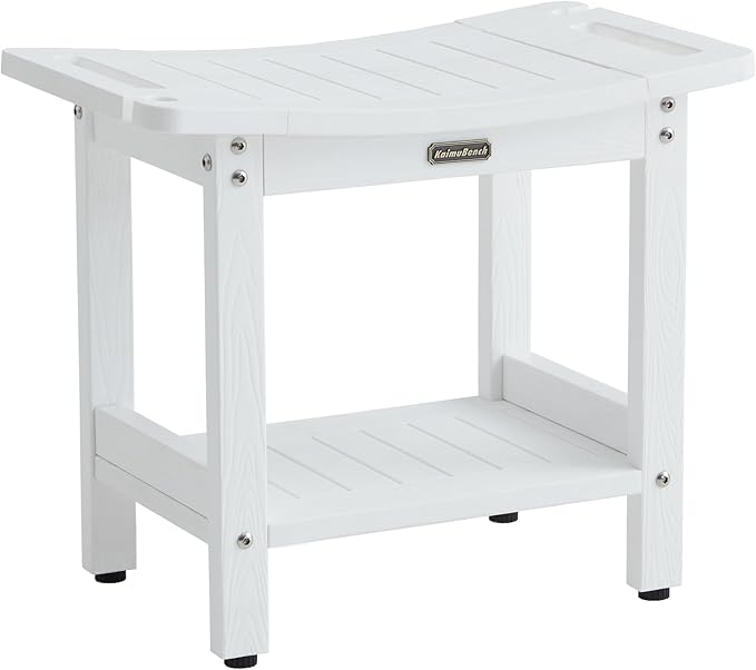 Waterproof Shower Bench, White Poly Shower Stool for Shaving Legs, Shower Chair Seat with Handles & Shower Head Holder, Plastic Bathroom Bench with Adjustable Feet for Inside Shower, Non-Slip by KaimuBench