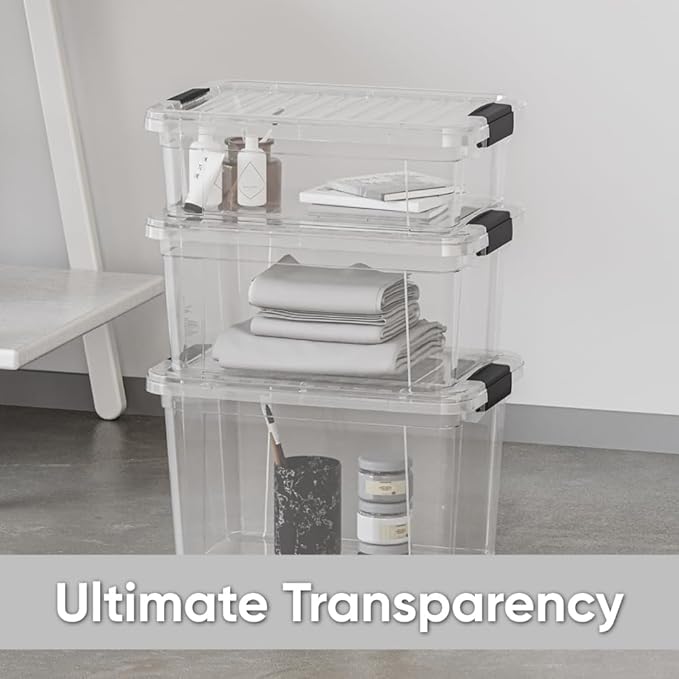 Superio Clear Storage Boxes with Lids, 14.25 Quart Plastic Container Bins for Organizing, Stackable Crates, BPA Free, Non Toxic, Odor Free, Organizers for Home, Office and Dorm, 6 Pack