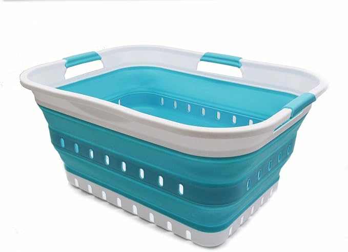 SAMMART 42L Collapsible Plastic Laundry Basket - Foldable Pop Up Storage Container/Organizer - Space Saving Hamper/Basket (1, White/Bright Blue) - Image 3