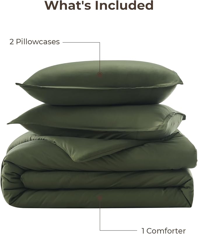 Litanika Comforters Olive Green Oversized King Size, 3 Pieces Lightweight Solid Bedding Comforter Set, All Season Fluffy Bed Set (120x98In Comforter & 2 Pillowcases)