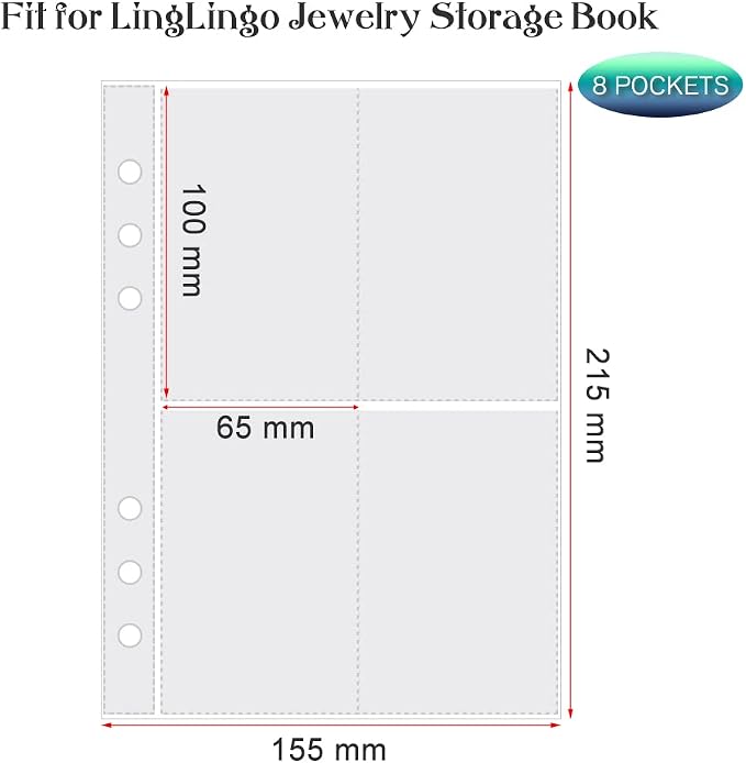 Clear Double-Sided Refill Inner Pages for Transparent Jewelry Storage Book 6 Ring Binder, 20 Sheets 160 Pockets - Image 2