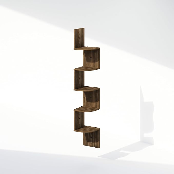 Furinno Rossi 5-Tier Floating Corner Shelf for Wall, Corner Zigzag Shelf Wall Mounted, Radial Wall Mount Shelves, for Home Office, Living Room, Bedroom, Bathroom, Columbia Walnut - Image 5