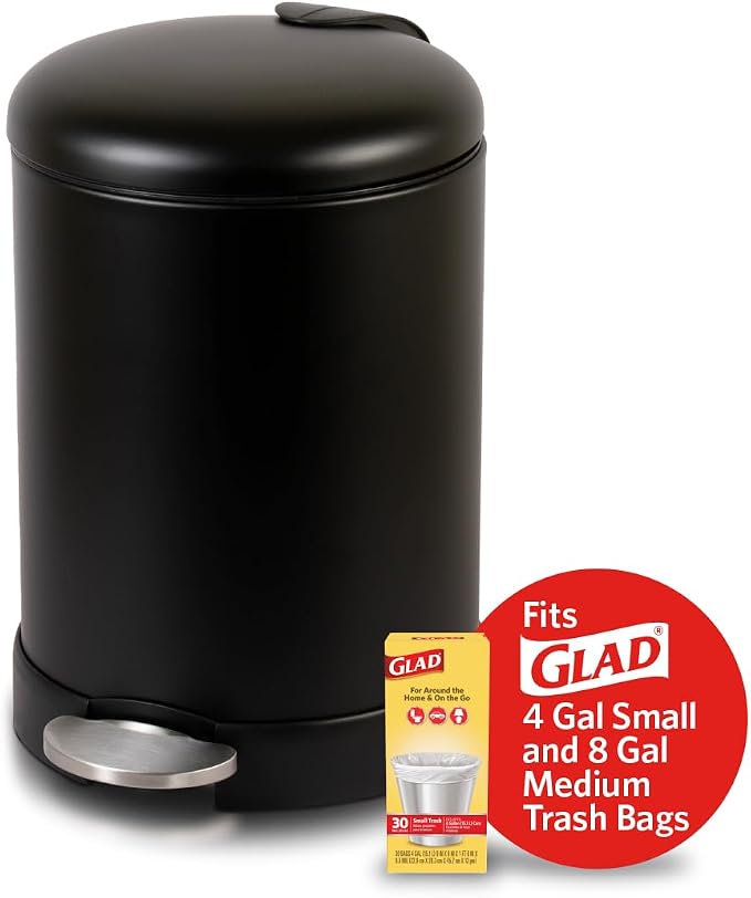Glad Small Trash Can, 1.2 Gallon | Round Stainless Steel Garbage Bin with Soft Close Lid & Step Foot Pedal | Black Metal Waste Basket with Removable Inner Bucket, Matte Black - Image 5