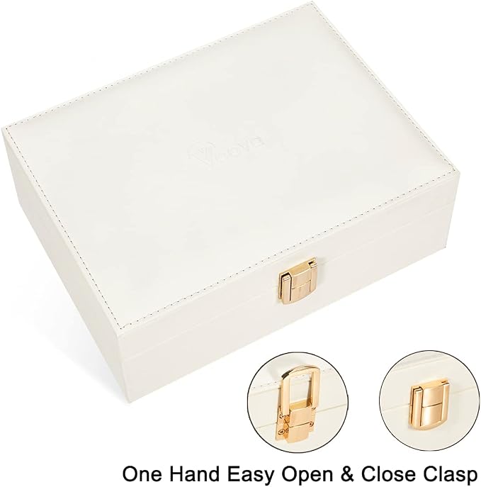 Voova Jewelry Box Organizer for Women Girls, 2 Layer Large Men Jewelry Storage Case, PU Leather Display Jewellery Holder with Removable Tray for Necklace Earrings Rings Bracelets, Vintage Gift, White - Image 5