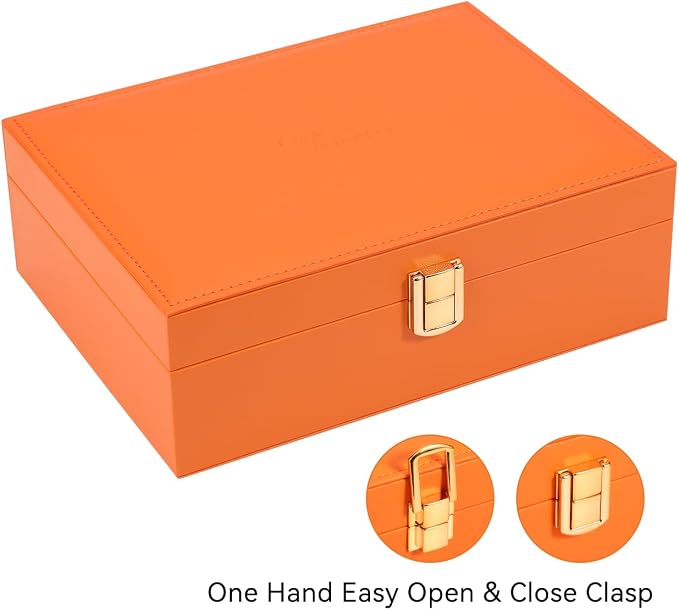 Voova Jewelry Box Organizer for Women Girls, 2 Layer Large Men Jewelry Storage Case, PU Leather Display Jewellery Holder with Removable Tray for Necklace Earrings Rings Bracelets, Vintage Gift,Orange - Image 5
