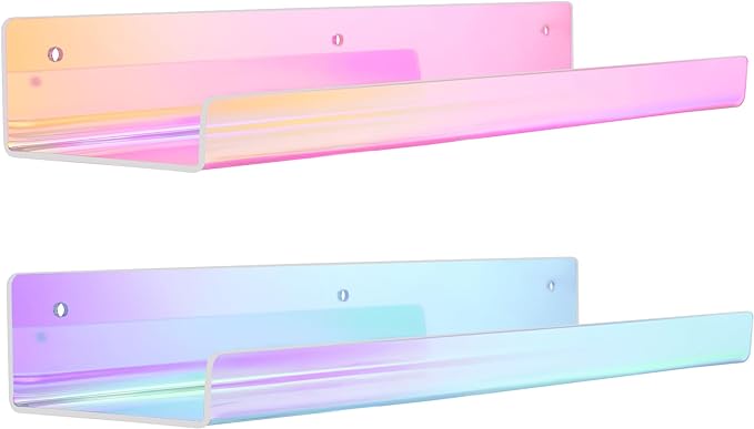 upsimples Acrylic Shelves for Wall Decor, 15" Display Shelf for Perfume, Skincare, Nail Polish, Wall Organizer for Bathroom, Bedroom, Living Room, Playroom, Kids Bookshelf, Iridescent, 2 Pack by upsimples